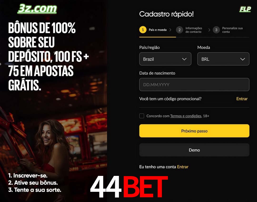 44bet registro oficial cassino online Brasil com bônus de depósito e free spins